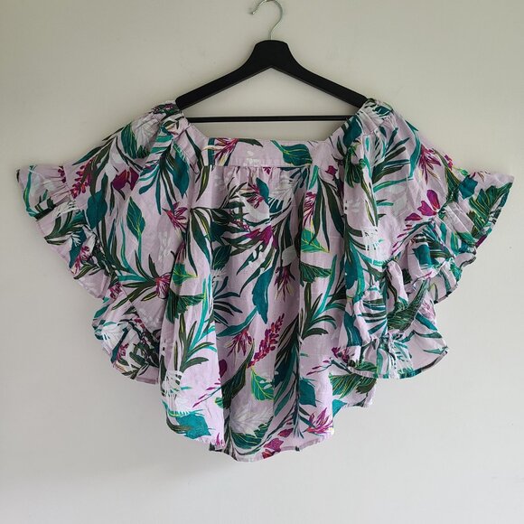 Ruffle Sleeve Peasant Top 1X Terra & Sky Tropical Floral Spring Cotton - Picture 3 of 8